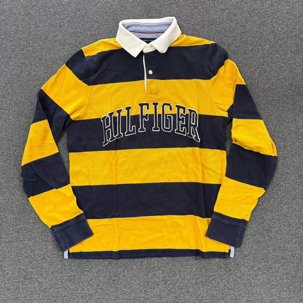 Tommy Hilfiger Rugby Shirt Mens Small Navy Yellow Good Striped Varsity Y2K